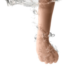 Human fist punching water on white background