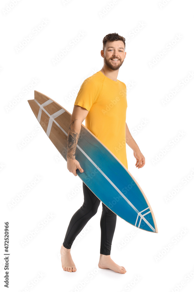 Sticker handsome bearded man with surfboard on white background