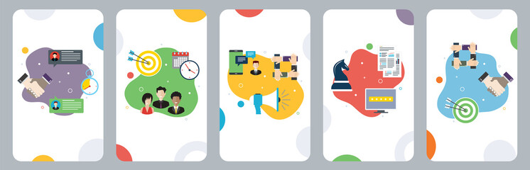 Concepts of business handshake, marketing meeting, communication teamwork and strategy. Flat design icons in vector illustration. 