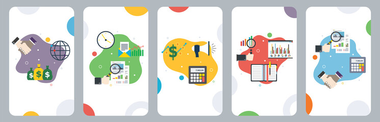 Business, investment, analysis, calculations and rate icons. Concepts of business investment, chart analysis, calculations rate and investment chart. Flat design for web banner in vector illustration.
