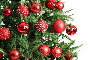 Beautiful decorated Christmas tree isolated on white background, closeup