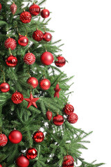 Beautiful decorated Christmas tree isolated on white background, closeup
