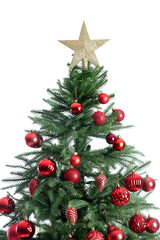Beautiful decorated Christmas tree isolated on white background, closeup