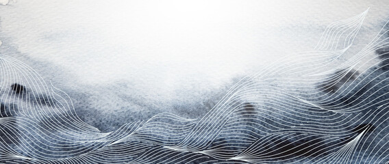 Art watercolor background in pastel blue colors with white wavy lines. Abstract fluid pattern for decoration, print, invitations, packaging, web