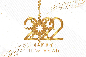 Happy New Year 2022. Festive greeting card with golden numbers and ribbons on a white background. Flat vector illustration EPS10