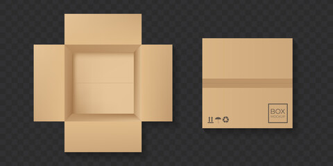 Cardboard box top view vector mockup.