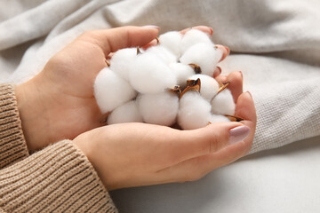 Female hands with cotton flowers on light table, closeup