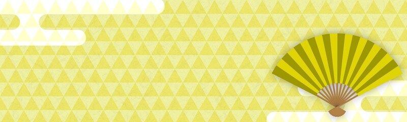 金色の和柄模様（鱗）の扇子イラスト付きバナー背景