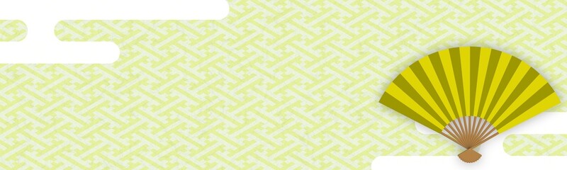金色の和柄模様（紗綾形）の扇子イラスト付きバナー背景