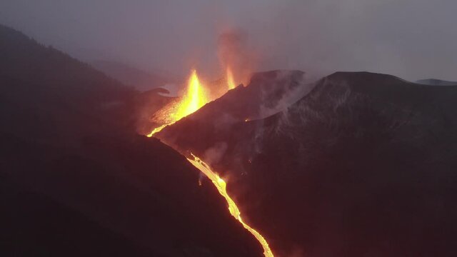 Aerial view of Volcan Cumbre Vieja, a volcano during eruption near El Paraiso town, Las Manchas, La Palma Island, Canary Islands, Spain.