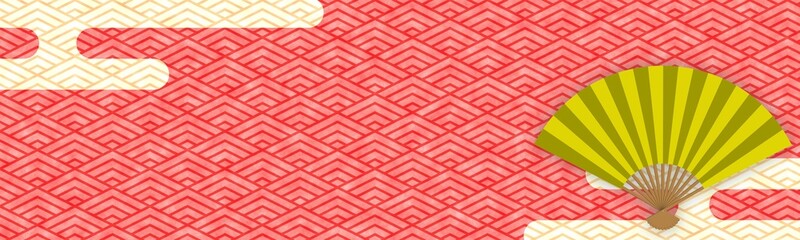 赤色の和柄模様（菱青海波）の扇子イラスト付きバナー背景