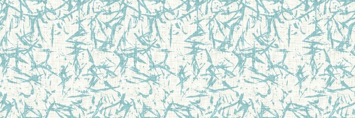 Aegean teal streaked border strip linen texture background. Coastal summer style home decor fabric effect. Sea green wash grunge edge material. Decorative textile mottle seamless pattern banner. 