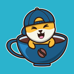 vector illustration of shiba dog 
in a coffee cup, suitable for children's books, birthday cards, valentine's day.	