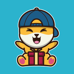 vector illustration of shiba dog get a gift, suitable for children's books, birthday cards, valentine's day.	