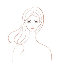 水彩線画　はにかむロングヘアの女性