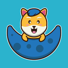vector illustration of shiba dog 
above the blue moon, suitable for children's books, birthday cards, valentine's day.	