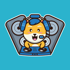 vector illustration of shiba dog wearing headphones and playing music on a turntable, suitable for children's books, birthday cards, valentine's day.	