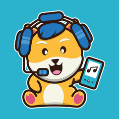 vector illustration of shiba dog 
listening to music, suitable for children's books, birthday cards, valentine's day.	