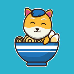 vector illustration of shiba dog 
in a big noodle bowl, suitable for children's books, birthday cards, valentine's day.	