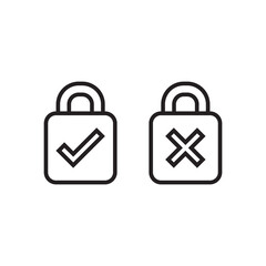 Lock security icon with check mark sign, black line isolated on white background, vector illustration.