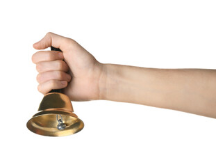 Female hand with Christmas bell on white background, closeup