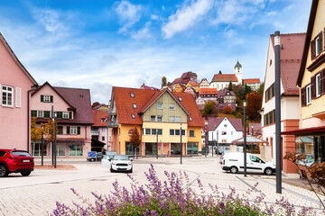 Cityscape of Altensteig in Black Forest, Germany.  Stadtansicht mit Geschäften in Altensteig,...