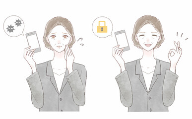 セキュリティ対策がされたスマホを持つ、スーツを着た中年女性のセット