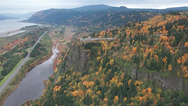 Aerial View, Vista House and Crown Point Promontory Above Columbia River Gorge. Oregon State Park USA Landscape at Autumn Season, Drone Shot