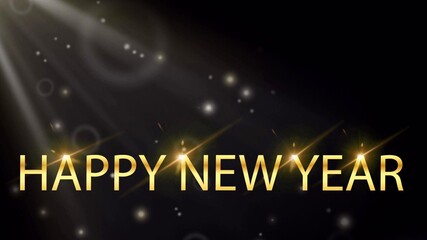 Animation golden Texture HAPPY NEW YEAR with colorful firework.