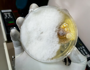 The scientist is holding Petri dish plate with Malt Extract Agar use for growth media to isolate and cultivate yeasts, molds fungal, Penicillium testing in medical health laboratory analysis disease.