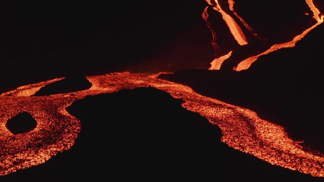 Aerial view of Volcan Cumbre Vieja, a volcano during eruption near El Paraiso town, Las Manchas, La Palma Island, Canary Islands, Spain.