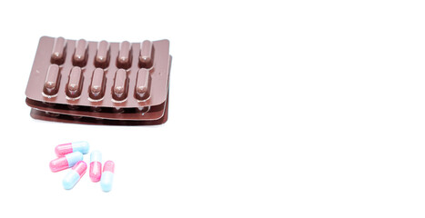 capsule pills medicine use drug to treat by prescription in pile of package with copy space