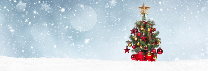 Christmas Tree with decoration on a winter background.