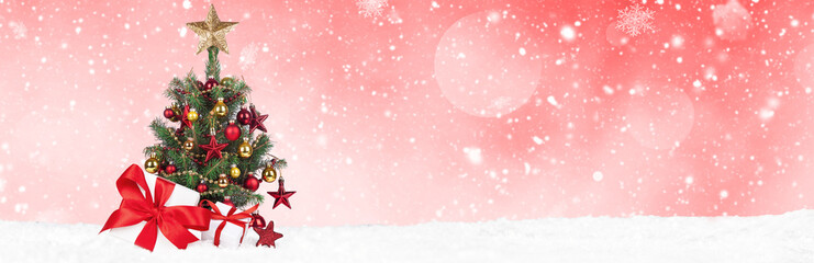 Christmas Tree with decoration on a winter background.