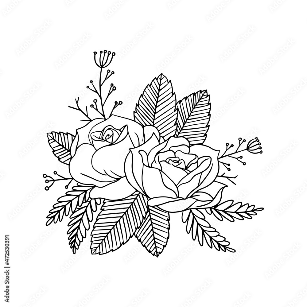 Wall mural roses illustration as floral arrangement isolated on white. uncolored roses for design composition as an element on wedding invitations, greeting cards, and more.