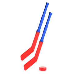 Children's hockey stick and puck for playing hockey. Two blue and red hockey sticks isolated on a white background