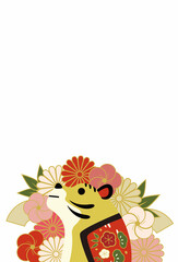 2022年　寅年　年賀状テンプレート　縦　文字なし　シンプル　梅　菊/2022 Year of the Tiger, Plum, and Chrysanthemum Japanese Greeting Card, Great for New Year's Card and Invitations (Vertical) - Vector Image (No Text)