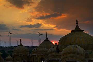 Beautiful sunset at Bada Bagh or Barabagh, means Big Garden,is a garden complex in Jaisalmer, Rajasthan, India, Royal cenotaphs for memories of Kings of Jaisalmer state. Tourist attraction.