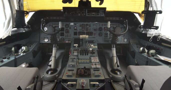 The cockpit and the control panels and the control room of the Russian cargo airplane,  Antonov an-225 Mriya
