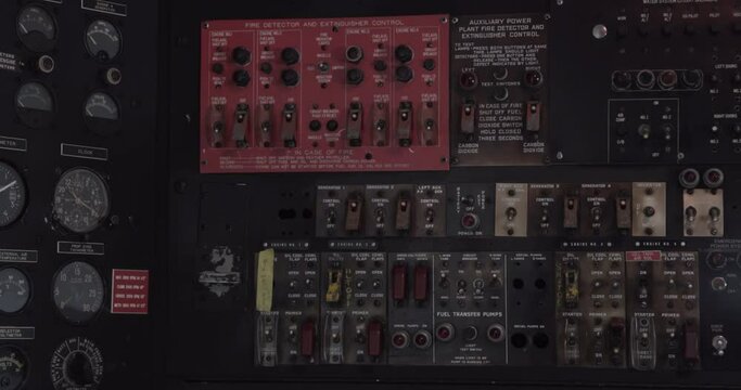 Interior control panels of a Martin Mars, water bomber modified to fight wildfires. The Martin JRM Mars is a large, four-engined cargo transport flying boat.