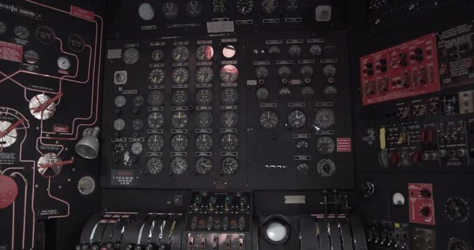 Interior control panels of a Martin Mars, water bomber modified to fight wildfires. The Martin JRM Mars is a large, four-engined cargo transport flying boat.