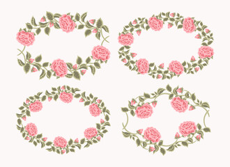 Set of vintage rose flower wreath and spring floral frame elements for wedding invitation