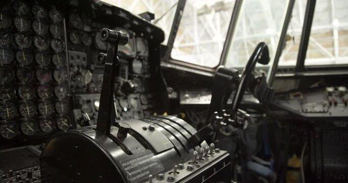Interior cockpit and control panels of the Lockheed C-130 Hercules is an American four-engine turboprop military transport aircraft modified to fight wildfires