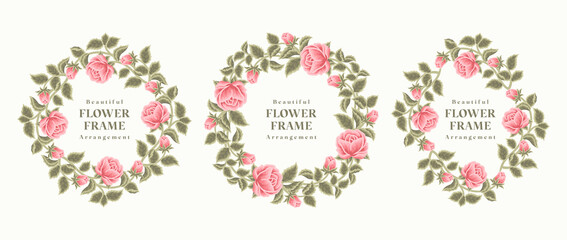 Set of vintage rose flower wreath and spring floral frame elements for wedding invitation