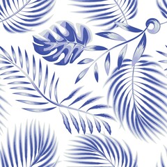 fashionable seamless tropical pattern with bright monstera fern leaves and coconut branch plants foliage on white background. Beautiful exotic plants. Trendy summer Hawaii print. Exotic tropics. art