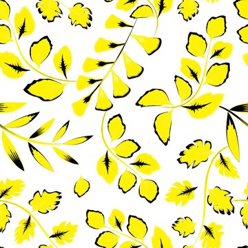 Tropic plants foliage seamless jungle pattern. Print vector background of fashion summer wallpaper plants leaves in black and yellow style. nature decorative. Exotic tropic. fashionable print texture