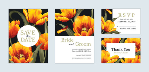 Naklejka premium Beautiful Tulip flower background template. Vector set of floral element for wedding invitations, greeting card, envelope, voucher, brochures and banners design.