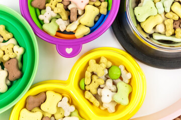 Many colorful bowls to choose with snacks for dog on white background. Dog food and multicolored bones.