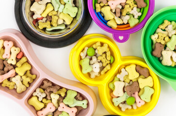 Many colorful bowls to choose with snacks for dog on white background. Dog food and multicolored bones.