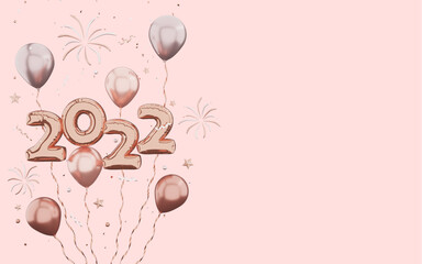 3d rendering of rose gold Happy New Year 2022 with fireworks, balloons and confetti on pink background